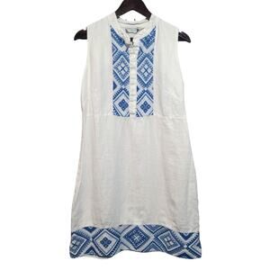Harris Cotton Embroidered A-Line Linen Dress White Blue Pattern Medium NWT